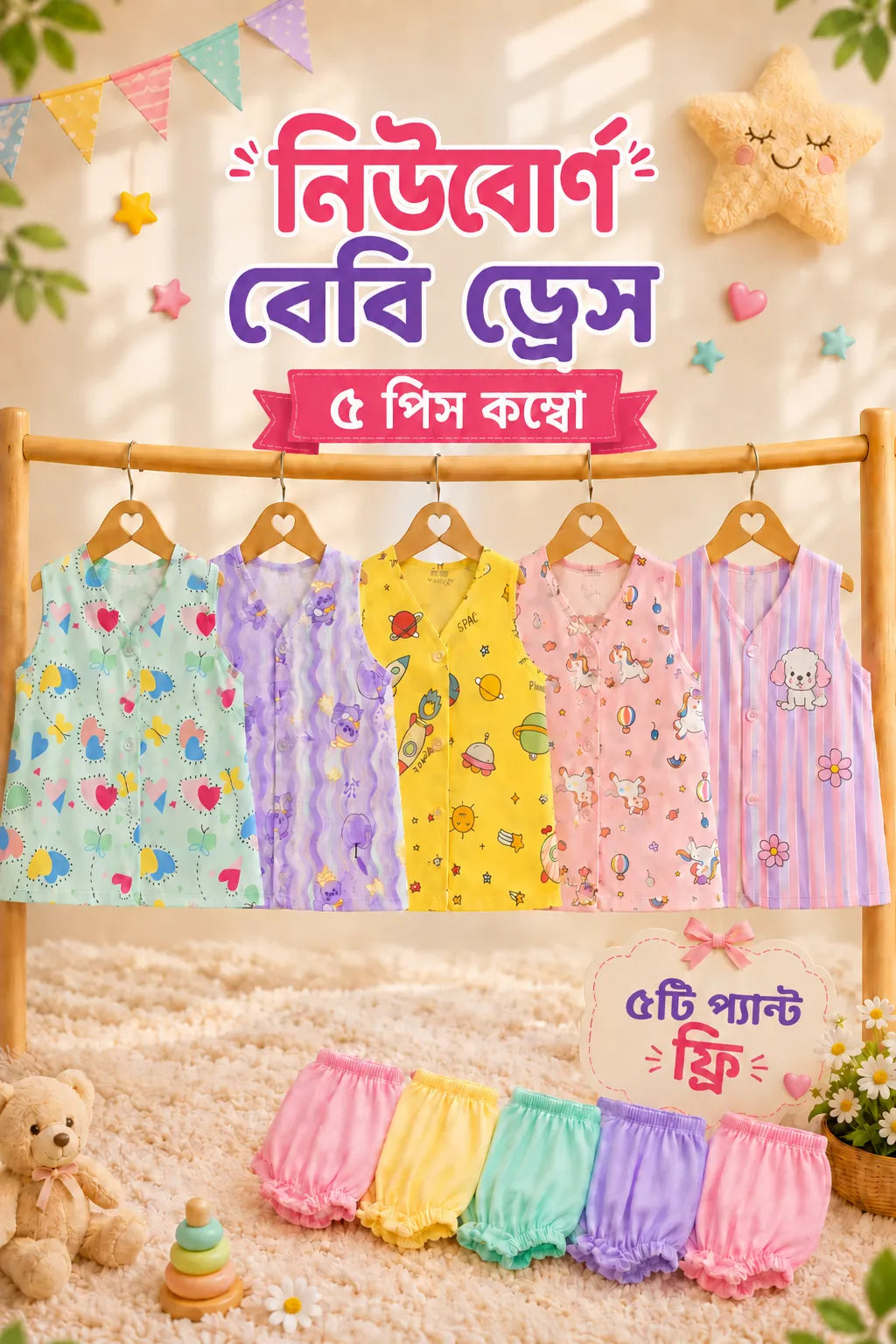 Newborn Girls Kids Dress 5 Pcs Combo MKNBDC-951